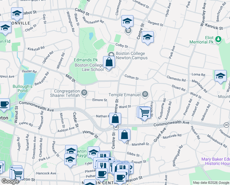 map of restaurants, bars, coffee shops, grocery stores, and more near 971 Centre Street in Newton
