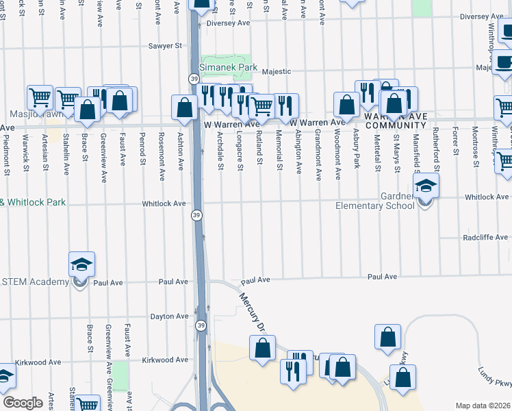map of restaurants, bars, coffee shops, grocery stores, and more near 6499 Rutland Street in Detroit