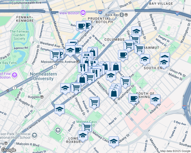 map of restaurants, bars, coffee shops, grocery stores, and more near 782-A-C Tremont Street in Boston