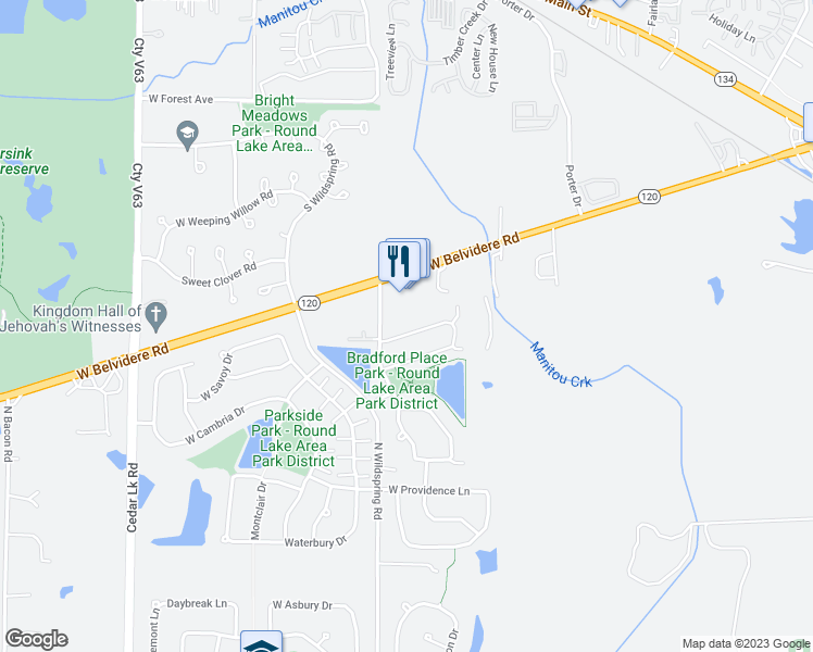 map of restaurants, bars, coffee shops, grocery stores, and more near 160 Buckingham Drive in Round Lake