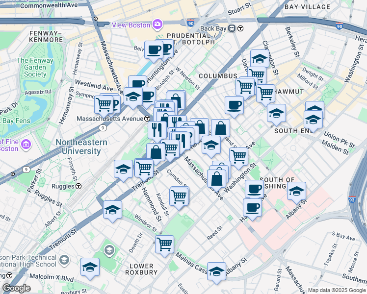 map of restaurants, bars, coffee shops, grocery stores, and more near 782-A-C Tremont Street in Boston
