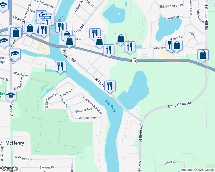 map of restaurants, bars, coffee shops, grocery stores, and more near 805 North River Road in McHenry