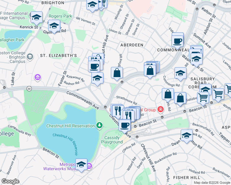 map of restaurants, bars, coffee shops, grocery stores, and more near 1848 Commonwealth Avenue in Boston