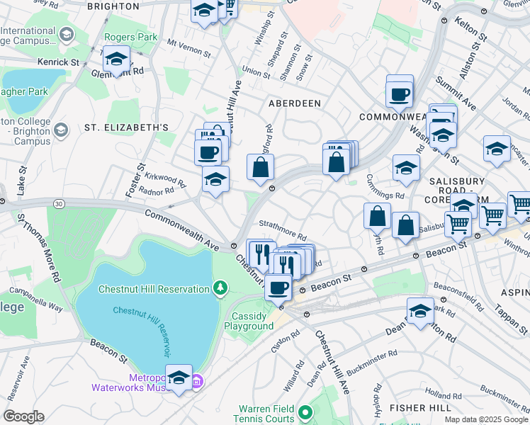 map of restaurants, bars, coffee shops, grocery stores, and more near 104 Strathmore Road in Boston