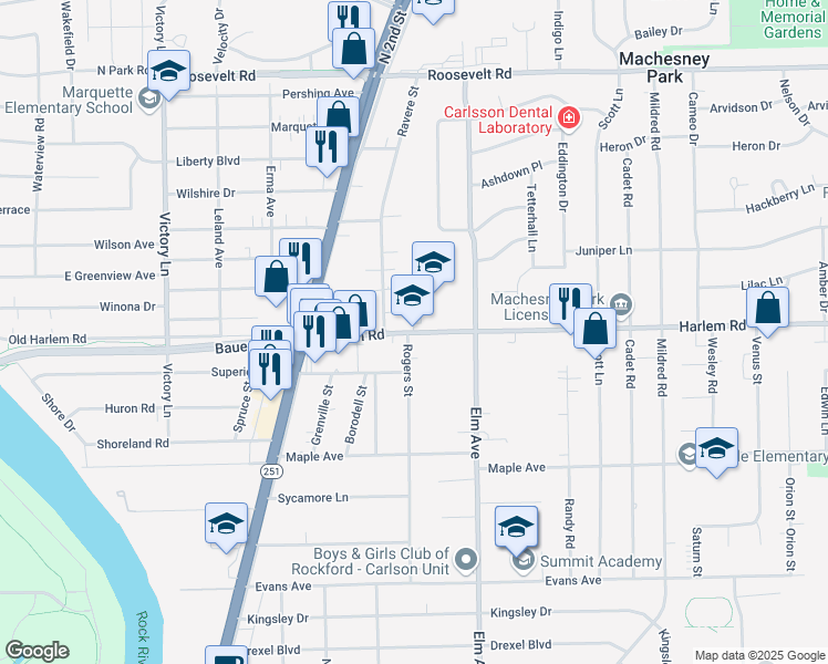 map of restaurants, bars, coffee shops, grocery stores, and more near 808 Harlem Road in Machesney Park
