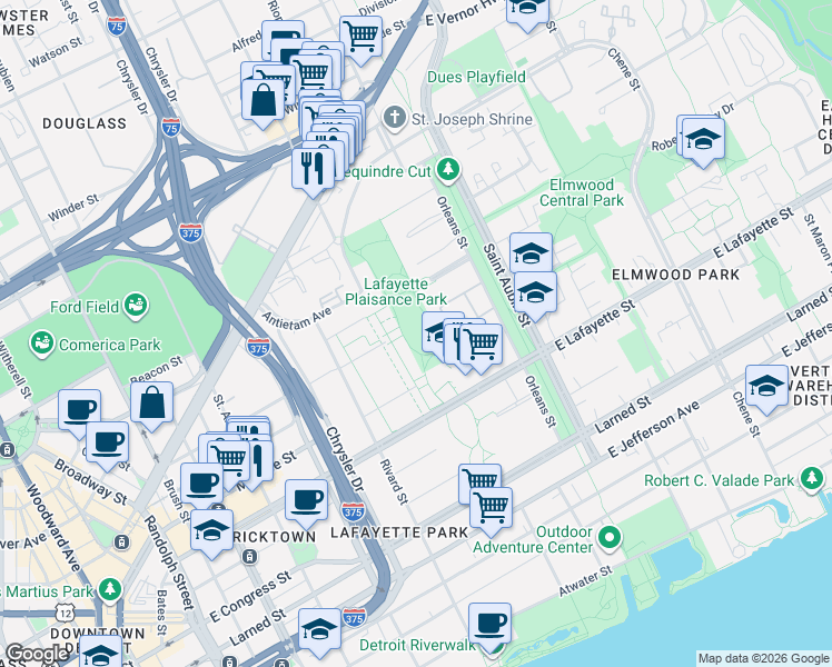 map of restaurants, bars, coffee shops, grocery stores, and more near 1362 Nicolet Place in Detroit