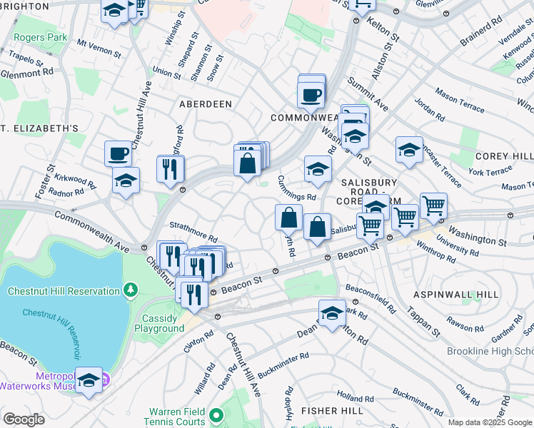 map of restaurants, bars, coffee shops, grocery stores, and more near 16 Lanark Road in Boston