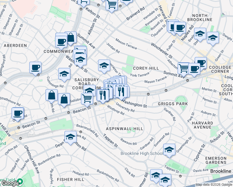 map of restaurants, bars, coffee shops, grocery stores, and more near in Brookline