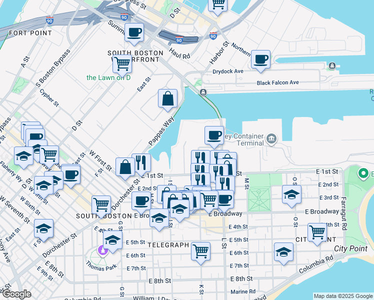 map of restaurants, bars, coffee shops, grocery stores, and more near 500 East 1st Street in Boston