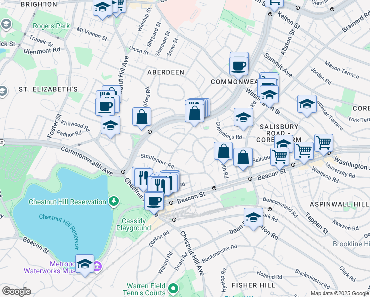 map of restaurants, bars, coffee shops, grocery stores, and more near 15 Selkirk Road in Boston