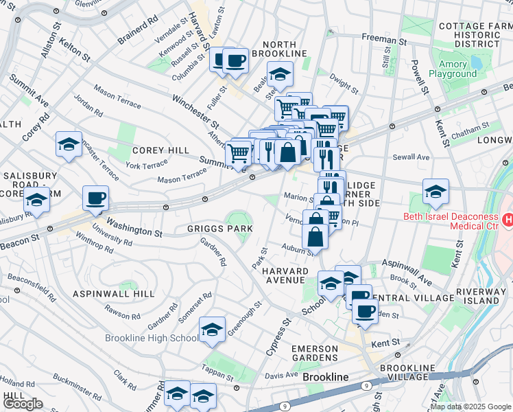 map of restaurants, bars, coffee shops, grocery stores, and more near 5 Griggs Terrace in Brookline