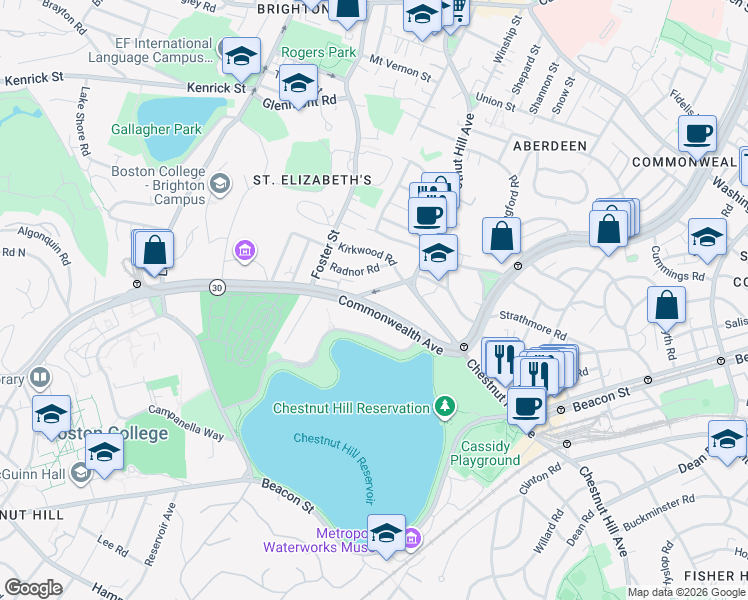 map of restaurants, bars, coffee shops, grocery stores, and more near 1970 Commonwealth Avenue in Boston