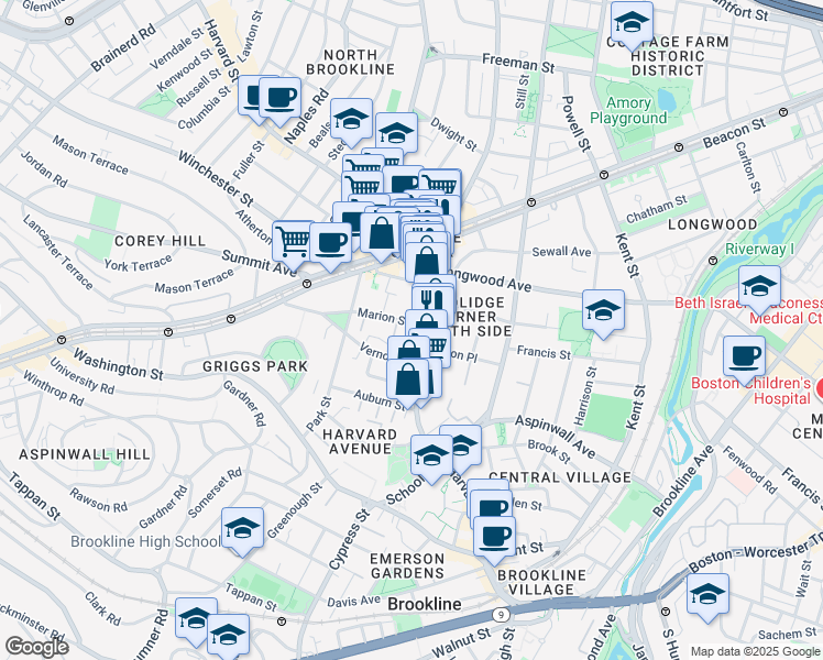 map of restaurants, bars, coffee shops, grocery stores, and more near 181 Harvard Street in Brookline