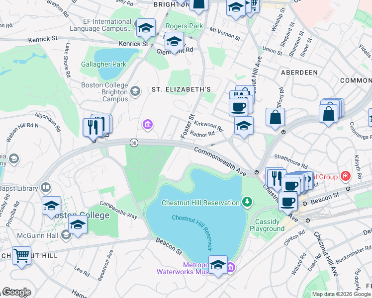 map of restaurants, bars, coffee shops, grocery stores, and more near 2016 Commonwealth Avenue in Boston