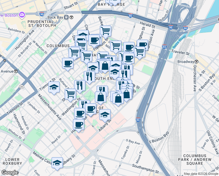 map of restaurants, bars, coffee shops, grocery stores, and more near 605 Harrison Avenue in Boston