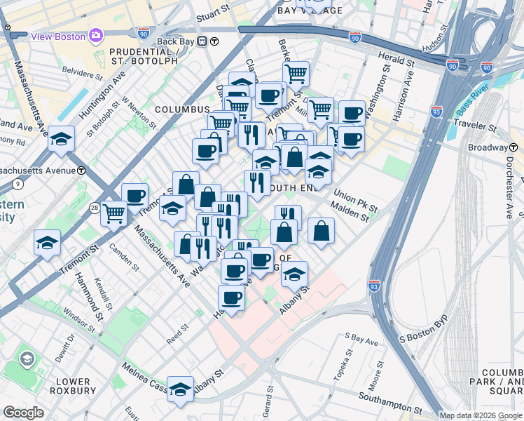 map of restaurants, bars, coffee shops, grocery stores, and more near Washington Street in Boston