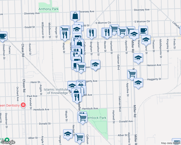 map of restaurants, bars, coffee shops, grocery stores, and more near in Dearborn