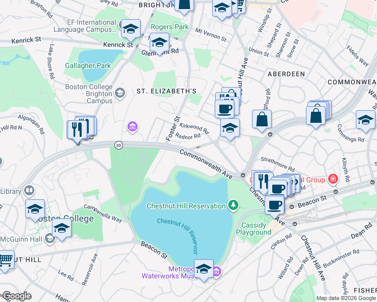 map of restaurants, bars, coffee shops, grocery stores, and more near Commonwealth Avenue & South St in Boston