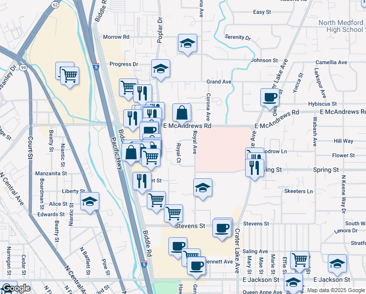 map of restaurants, bars, coffee shops, grocery stores, and more near 935 Royal Avenue in Medford