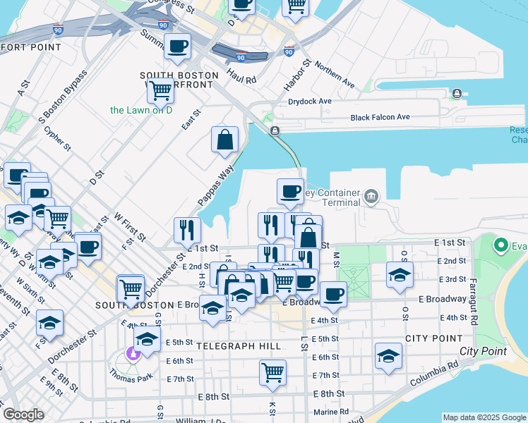 map of restaurants, bars, coffee shops, grocery stores, and more near 500 East 1st Street in Boston