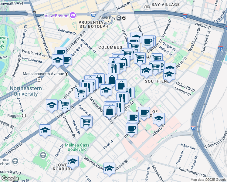 map of restaurants, bars, coffee shops, grocery stores, and more near 57 Worcester Street in Boston