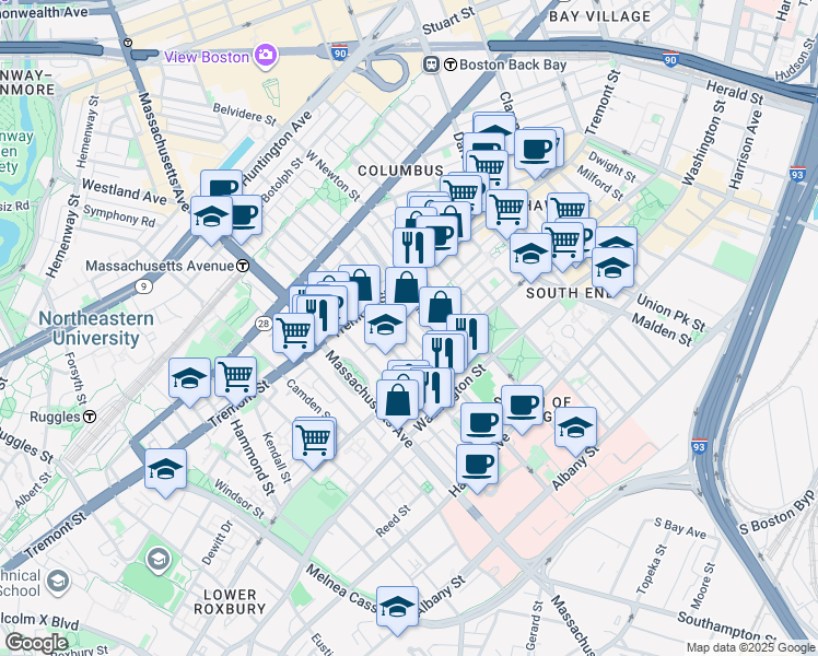 map of restaurants, bars, coffee shops, grocery stores, and more near 57 Worcester Street in Boston