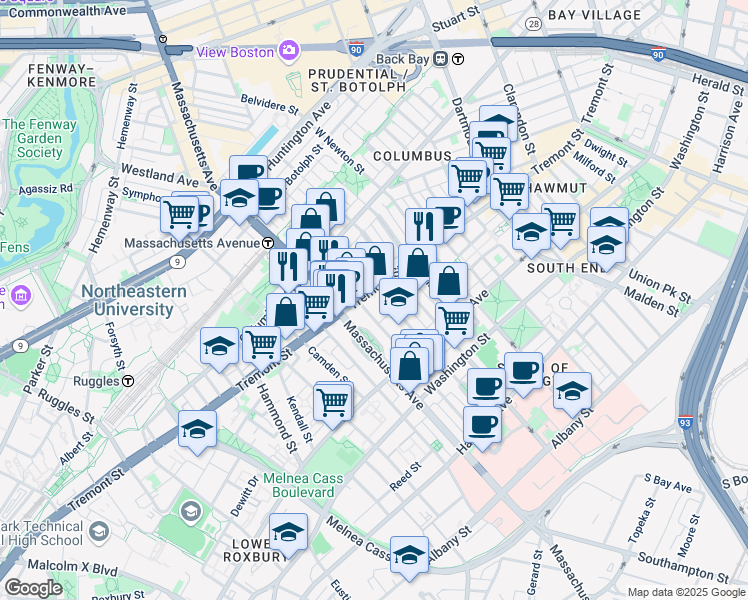 map of restaurants, bars, coffee shops, grocery stores, and more near 532 Massachusetts Avenue in Boston