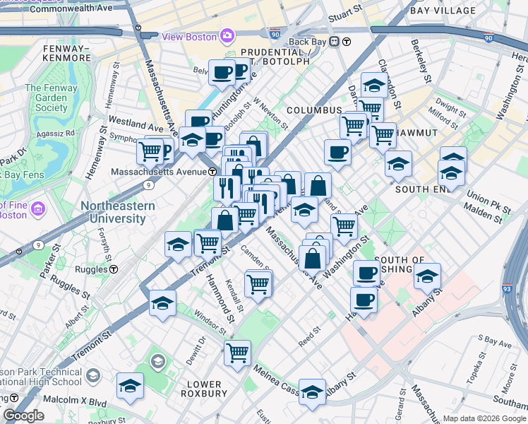 map of restaurants, bars, coffee shops, grocery stores, and more near in Boston