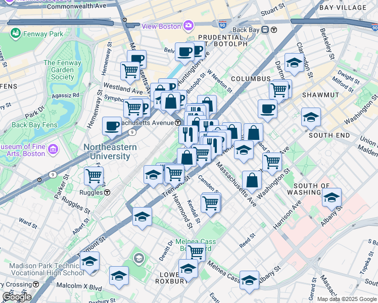 map of restaurants, bars, coffee shops, grocery stores, and more near 268-272 Northampton Street in Boston