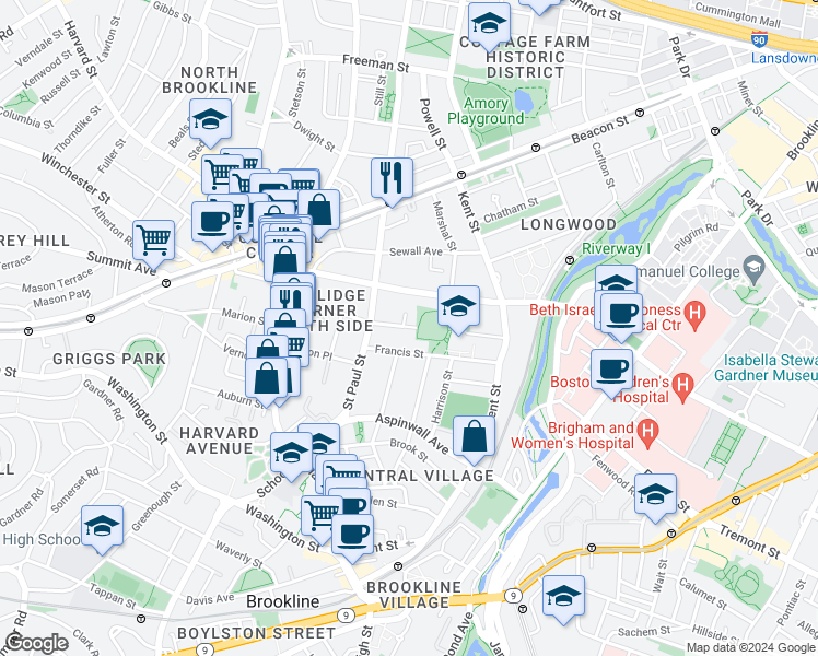 map of restaurants, bars, coffee shops, grocery stores, and more near 80 Francis Street in Brookline