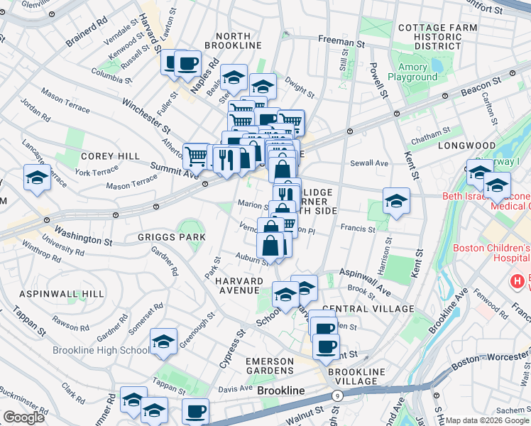 map of restaurants, bars, coffee shops, grocery stores, and more near 27 Vernon Street in Brookline