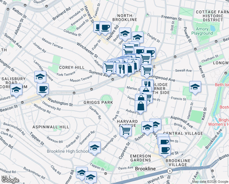 map of restaurants, bars, coffee shops, grocery stores, and more near 5 Griggs Terrace in Brookline