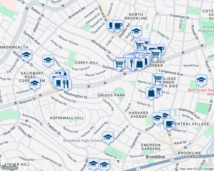 map of restaurants, bars, coffee shops, grocery stores, and more near 75 Griggs Road in Brookline