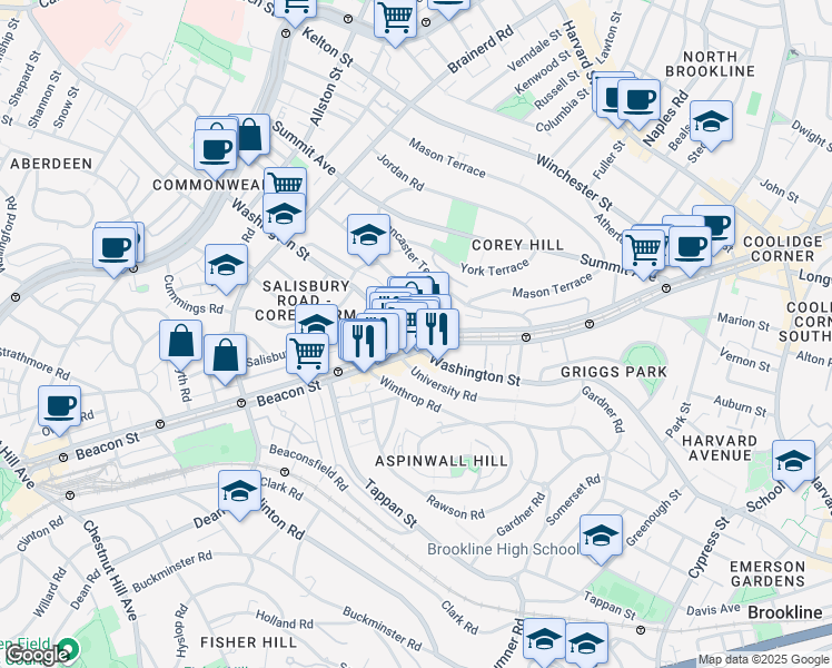 map of restaurants, bars, coffee shops, grocery stores, and more near in Brookline