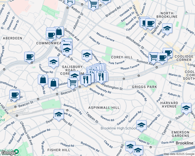 map of restaurants, bars, coffee shops, grocery stores, and more near in Brookline