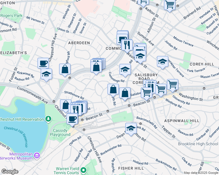map of restaurants, bars, coffee shops, grocery stores, and more near 38 Kilsyth Road in Brookline