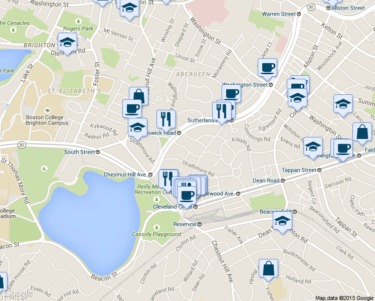 map of restaurants, bars, coffee shops, grocery stores, and more near 67 Chiswick Road in Boston