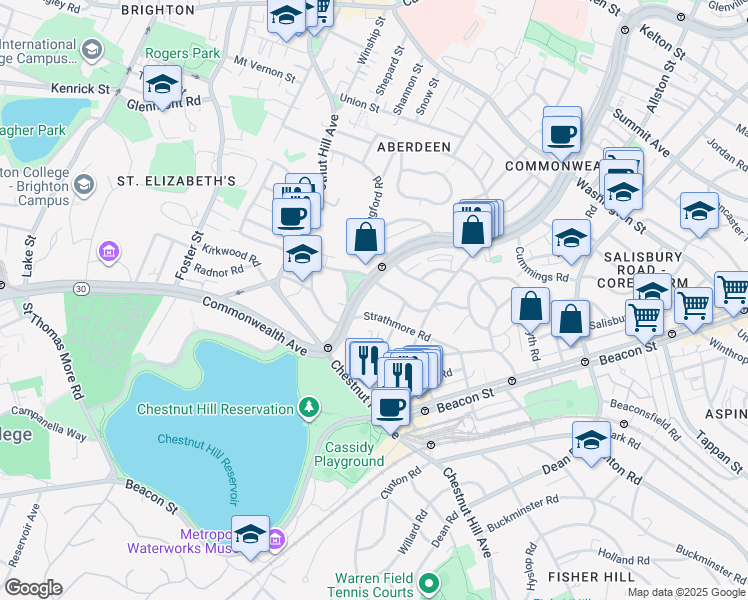 map of restaurants, bars, coffee shops, grocery stores, and more near 104 Strathmore Road in Boston
