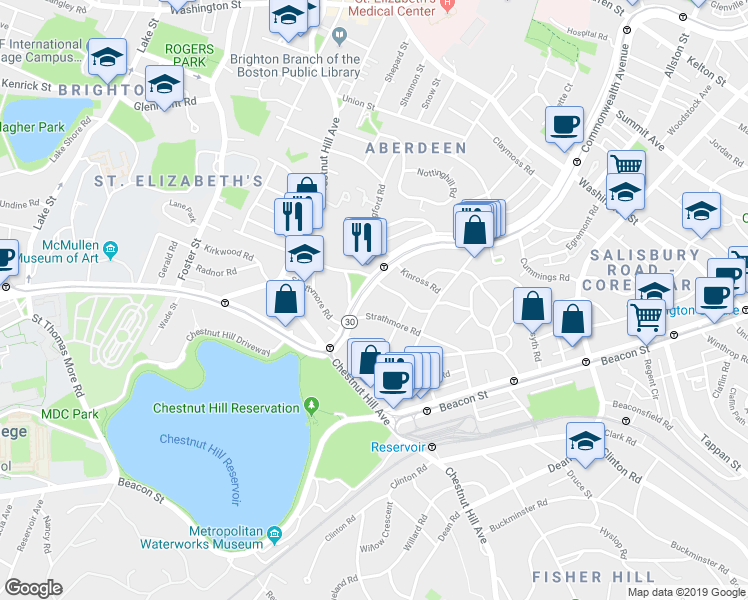 map of restaurants, bars, coffee shops, grocery stores, and more near 104 Strathmore Road in Boston