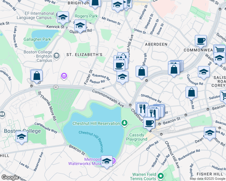 map of restaurants, bars, coffee shops, grocery stores, and more near 1931 Commonwealth Avenue in Boston