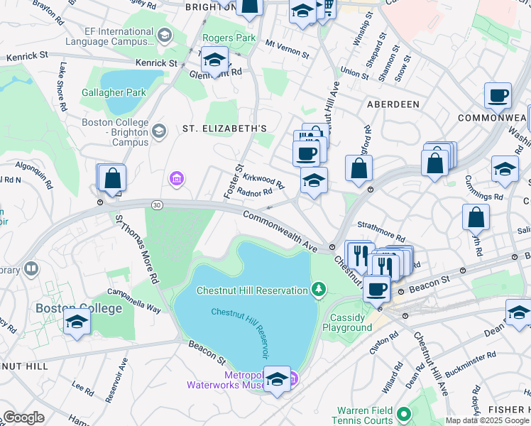 map of restaurants, bars, coffee shops, grocery stores, and more near 1970 Commonwealth Avenue in Boston