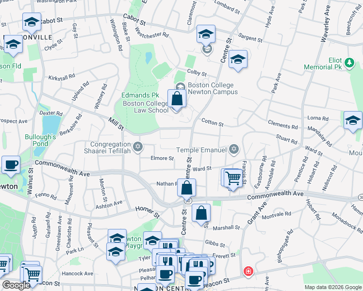 map of restaurants, bars, coffee shops, grocery stores, and more near 971 Centre Street in Newton
