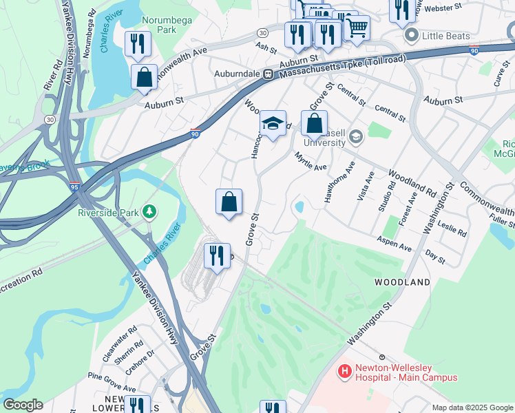 map of restaurants, bars, coffee shops, grocery stores, and more near 257 Grove Street in Newton