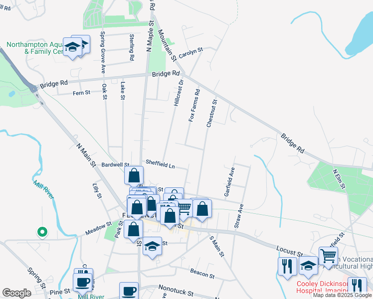 map of restaurants, bars, coffee shops, grocery stores, and more near 47 Stilson Avenue in Northampton