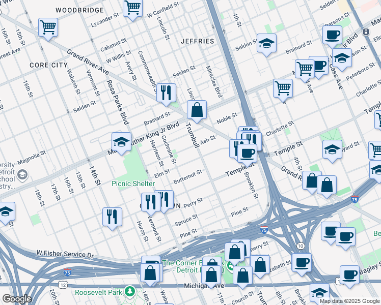 map of restaurants, bars, coffee shops, grocery stores, and more near 1572 Elm Street in Detroit
