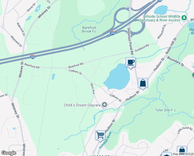 map of restaurants, bars, coffee shops, grocery stores, and more near 55 Bear Foot Road in Northborough