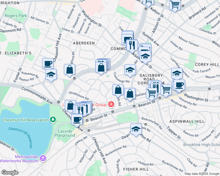 map of restaurants, bars, coffee shops, grocery stores, and more near 38 Kilsyth Road in Brookline