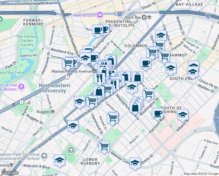 map of restaurants, bars, coffee shops, grocery stores, and more near 782-A-C Tremont Street in Boston