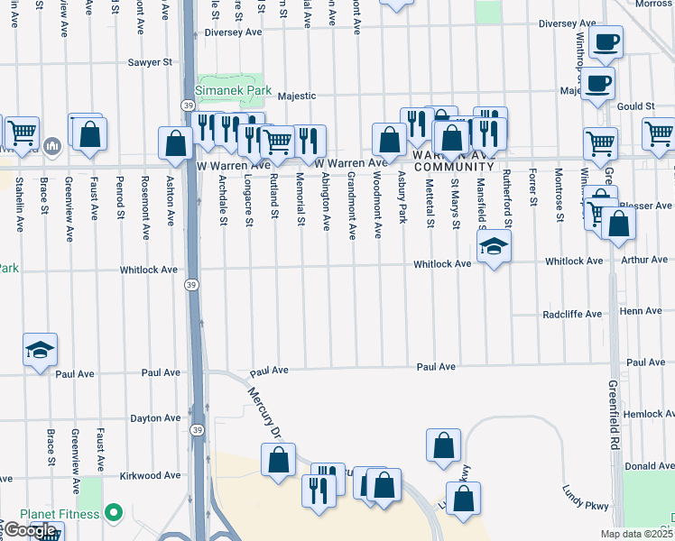map of restaurants, bars, coffee shops, grocery stores, and more near 6490 Abington Avenue in Detroit