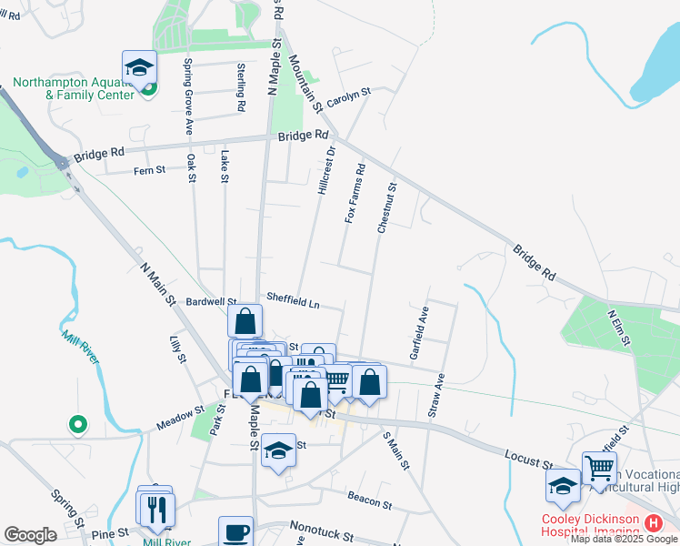map of restaurants, bars, coffee shops, grocery stores, and more near 47 Stilson Avenue in Northampton